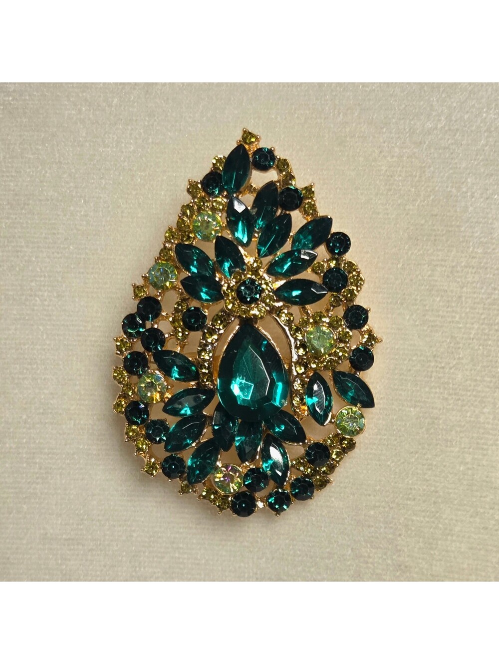 Green Rhinestone Gold Tone Floral Leaf Brooch Regal Fairy Glam
